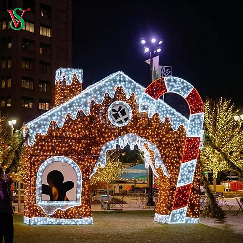 Открытый большой светодиодный 3D Gingerbread House Motif Light для рождественского светового шоу